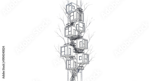 Modern Modular Treehouse Design with Stacked Cubes and Stairs