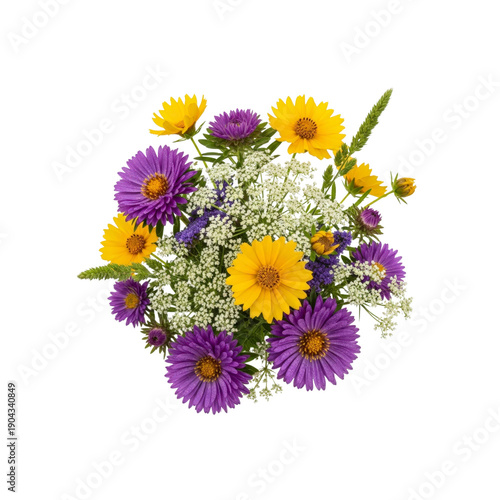 Bouquet of purple and yellow wildflowers isolated on transparent background
