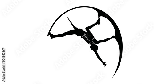 Silhouette of a flexible acrobat performing on a hoop against white background