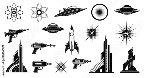 Retro Sci-Fi Icons: Spaceships, Ray Guns, Atomic Symbols, Futuristic Buildings