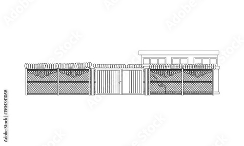 black and white drawing of a fenced house with a gate and barbed wire on top  a building with a fence and a gate