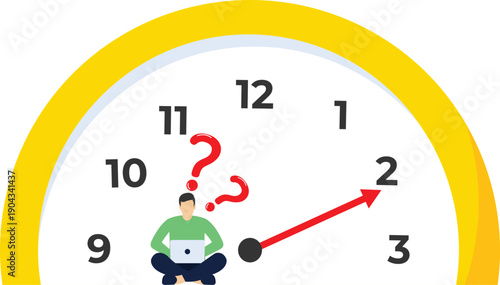 Think about time management. Businessman holding time thinking about clock vector


