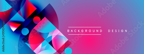 Abstract geometric shapes blend vibrant pinks, blues, purples. Gradient background creates dynamic visual effect. Text reads background design.