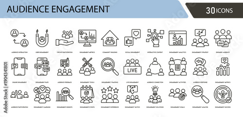Audience engagement icons set showing interaction, likes, comments, sharing, feedback, community growth, user connection, communication and engagement metrics in clean minimal outline.