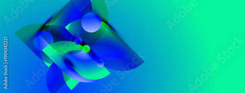 Abstract composition features vibrant blue, turquoise gradients. Spheres overlap flowing shapes creating dynamic visual effect. Modern design.
