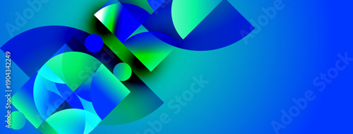 Abstract composition features vibrant blue, green shapes. Overlapping circles, arcs create dynamic visual effect. Modern design.