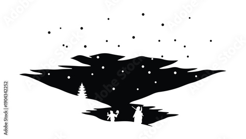 Magical winter night with starry sky and silhouettes of a family under a pine tree