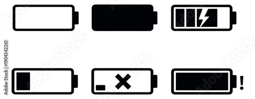 Simple battery icon set featuring various charge levels and status indicators for interface design