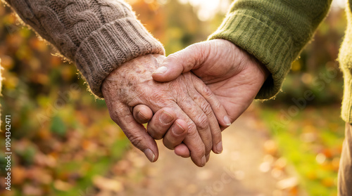 Wallpaper Mural close-up of elderly people holding hands while walking along a path in a park, a Valentine's Day banner Torontodigital.ca
