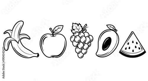 Healthy Fruit Icons - Banana, Apple, Grapes, Mango, Watermelon Slice
