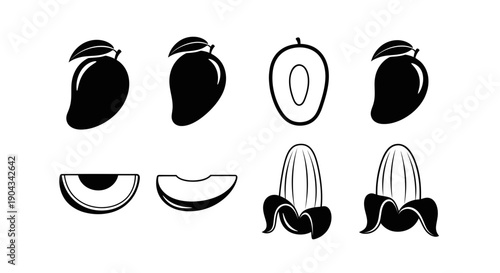 Mango Icons: Whole Fruit, Slices, Halves, and Peeled