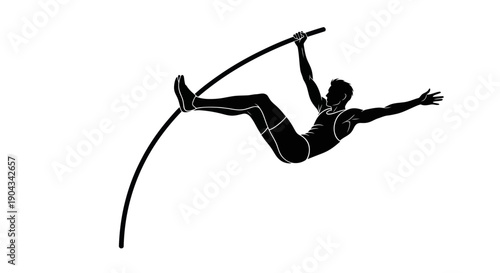 Silhouette of athlete pole vaulting, dynamic action shot, white background