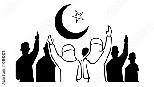 Silhouetted figures raise hands in unison under crescent moon and star illustration