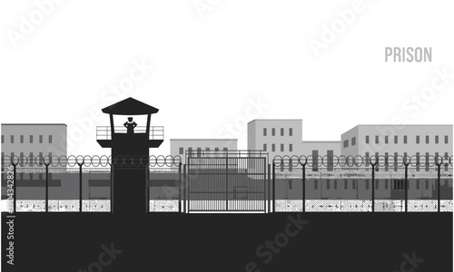 Gray illustration of a prison with a watchtower and barbed wire fence on a transparent background