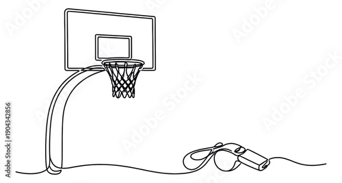 Continuous line art illustration of a basketball hoop and a whistle depicting a sports game for competition