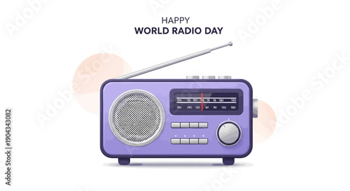 Illustration of a purple radio with a gray speaker and antenna on a white background celebrating World Radio Day with a vector design and icons representing broadcast waves and radio