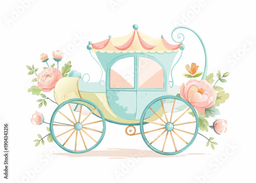 A whimsical princess carriage adorned with soft pastel colors and blooming pink roses.
