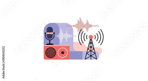 Illustration of a radio broadcasting tower and speaker with wave icons, celebrating World Radio Day with a vector design for business and network communication.