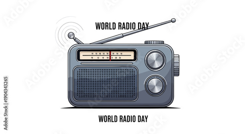 Illustration of a vintage radio with antenna and dials on a white background celebrating World Radio Day with broadcast waves and vector icons.