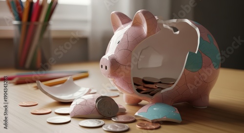 Broken piggy bank with scattered coins on wooden desk near window light highlighting savings concept
