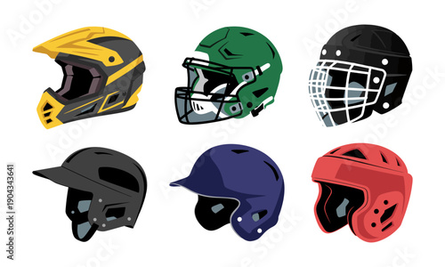 collection of various colorful helmets for safety and protection  sports and industrial use