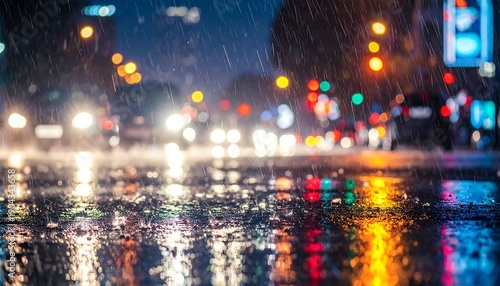 Rainy City Night with Bokeh Lights and Reflections.
