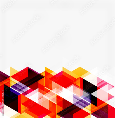 Abstract geometric shapes form vibrant bottom border. Red, yellow, purple hues dominate design. Clean white space above.