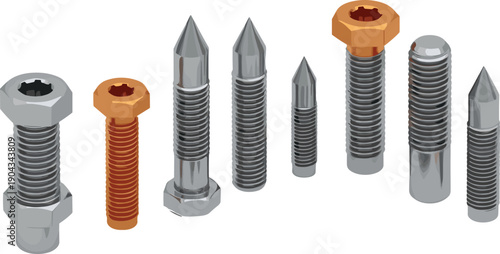 Industrial metal fasteners set featuring bolts screws studs and threaded components isolated on white background for engineering and construction use