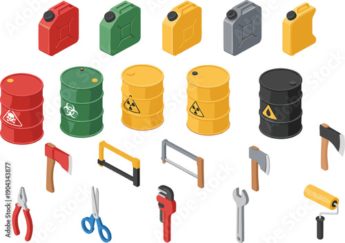 Industrial Tools and Hazard Containers Set Including Fuel Cans, Oil Barrels, Axes, Saws and Hand Tools Isolated on White Background