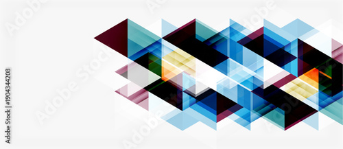 Abstract geometric design. Overlapping triangles create dynamic pattern. Blue, black, orange hues dominate composition. Minimalist style.