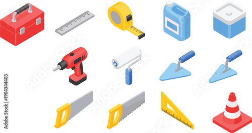 Isometric home repair and construction tools set including drill saw trowel paint roller toolbox ruler and safety cone isolated on white background