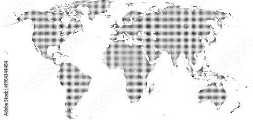 Modern halftone dotted world map design showcasing continents in minimalist black and white artistic style