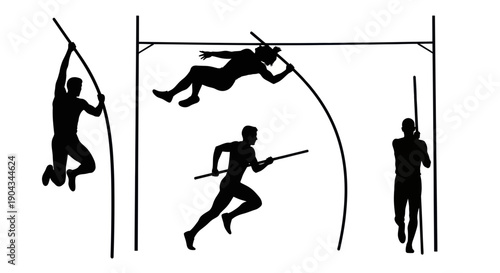 Pole Vault Silhouettes: Action Sequence of Athlete Jumping Over Bar
