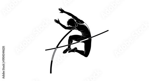 Pole Vault Silhouette: Athletic Jump Over Bar, Sports Competition, Dynamic Action