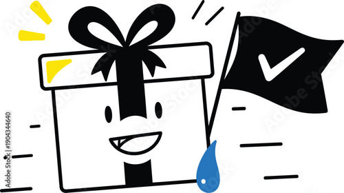 A cheerful cartoon gift box with a flag indicating a successful delivery