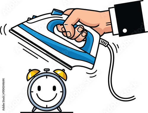 A hand holding an iron poised over a smiling alarm clock