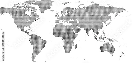 Stylized dotted world map showing continents in minimalist black-and-white abstract geographic artistic representation
