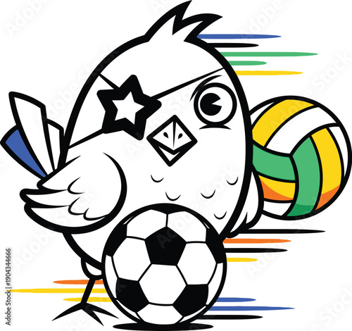 Cartoon bird playing soccer and volleyball with star eyes