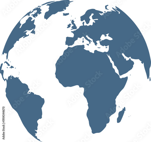 Stylized Global Map Highlighting Europe, Africa, Asia, and Americas in Simplified Blue Landmass Design