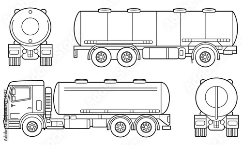 Four view of tanker truck with trailer for transportation of liquids or gases  side and front view
