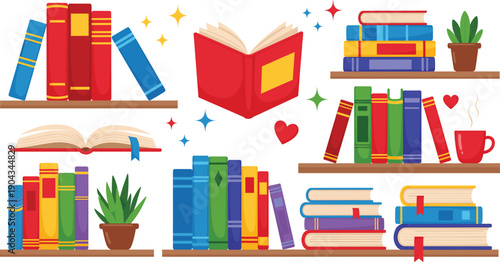 Whimsical bookshelf illustration with colorful books, open pages, bookmarks, floating book, coffee cup, stars, hearts, plants, cozy reading joy