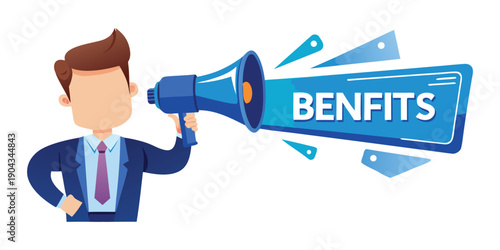 A cheerful businessman cartoon character holding a blue megaphone announcing 'BENEFITS' with enthusiasm.
