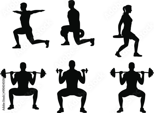 Fitness training silhouettes set with men and woman doing lunges and squats with weights, strength workout exercises, black athlete figures isolated on white background.