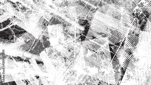 Glitch distorted grungy overlay grange texture. Textured and glitched technology background. Screen print effect .Vector overlay background with a halftone dots screen print texture.

