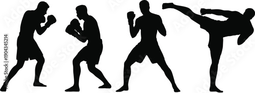 Martial arts fighter silhouettes set with boxing stance and high kick pose, strong male athletes training, black combat sport figures isolated on white background illustration.