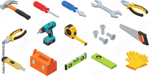 Set of hand tools and construction equipment isolated on white background, colorful repair tools collection for building, maintenance, DIY, and engineering work