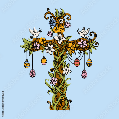 Religious Easter Cross Decorated with Spring Flowers