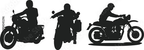 Motorcycle rider silhouettes set showing man riding classic motorbike from different angles, black biker transport figures isolated on white background illustration.