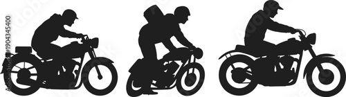 Motorcycle rider silhouettes set with man driving classic motorbike, black biker figures in different poses isolated on white background transportation illustration.