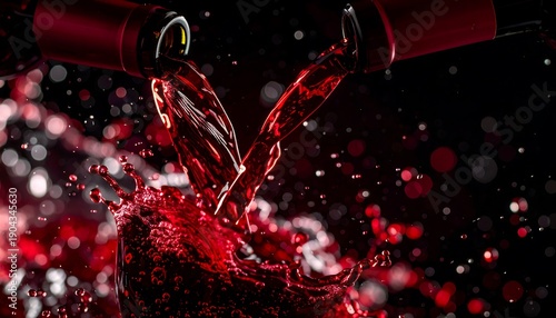 Red Wine Pouring into Glass with Splashes and Bubbles.